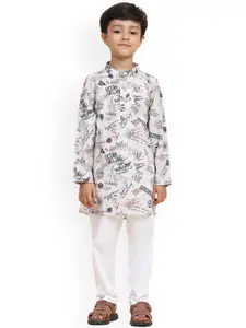 BAESD Boys Printed Mandarin Collar Regular Linen Straight Kurta With Pyjamas