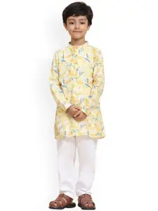 BAESD Boys Floral Printed Mandarin Collar Regular Linen Straight Kurta With Pyjamas