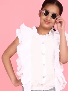 V-Mart Girls Self Design Flutter Sleeves Ruffles Cotton Shirt Style Top
