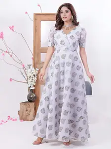 Ethnovog Floral Print Chanderi Silk Maxi Dress