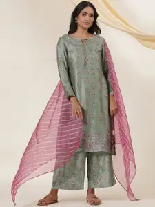 W Floral Printed Tie-Up Neck Sequinned Straight Kurta