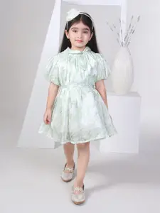 Peppermint Girls Printed Tie-Up Neck Puff Sleeves Gathered Fit & Flare Dress With Belt