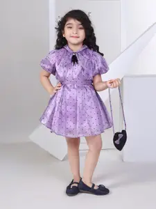 Peppermint Velveteen Heats Girls printed Tie-Up Neck Puff Sleeve Fit & Flare Dress