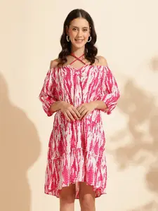 QUEENLEY Tie and Dye Tie-Up Neck Fit & Flare Dress