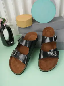 MOZAFIA Buckle Detail Open Toe Flats