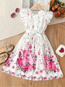 BAESD Girl Floral Print Round Neck Flutter Sleeves Cotton Fit & Flare Dress