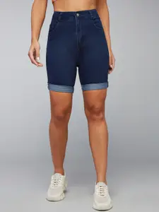 DOLCE CRUDO Women Navy Blue Slim Fit High Rise Denim Shorts