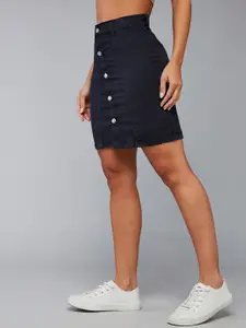 DOLCE CRUDO Navy Blue Stretchable Mini A-Line Skirt