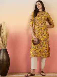 Anouk Yellow Floral Printed Mirror Work Mandarin Collar Silk Chanderi Kurta