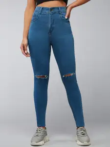 DOLCE CRUDO Women Blaze Vibe Blue Skinny Fit High-Rise Slash Knee Stretchable Jeans