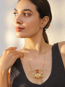 Rubans 22K Gold Plated Red Stone Studded Floral Design Pendant Necklace with Pearl Accents