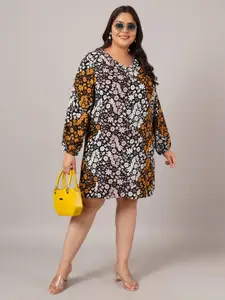 VINAAN Printed Puff Sleeve A-Line Plus Size  Dress