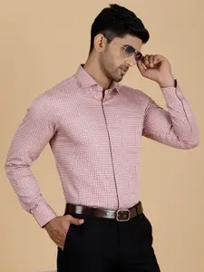 METAL Slim Fit Checked Spread Collar Long Sleeves Cotton Formal Shirt