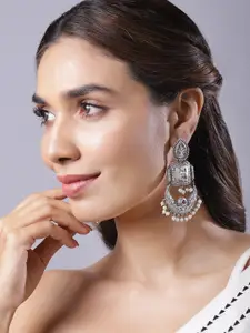 Rubans Women Oxidised Rhodium Plated White Pearls & Devine Laxmi Chandelier Earrings