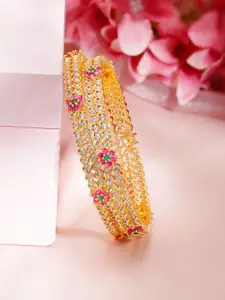 Rubans 22K Gold Plated Pink Green and White Kundan Studded Handcrafted Bangles  Set of 2