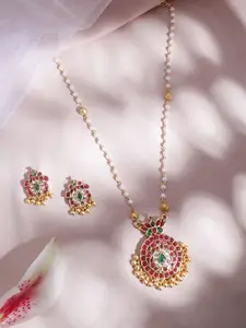 Rubans Gold Plated Ruby Stone Studded & Beaded Pendant and Earrings