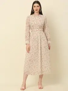 KALINI Floral Printed Cuffed Sleeves Georgette Fit & Flare Maxi Dress