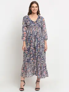 KALINI Floral Printed V-Neck Puff Sleeve Georgette Shirt Maxi Dress