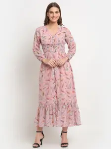 KALINI Floral Printed V-Neck Puff Sleeve Georgette Shirt Maxi Dress