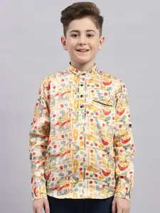 Monte Carlo Boys Floral Printed Band Collar Long Sleeves Cotton Casual Shirt