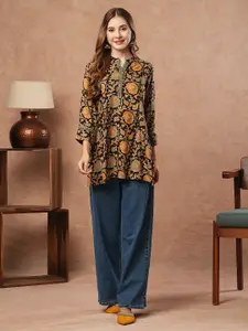 FASHOR Floral Printed & Mirror Embroidered Straight Fit Kurti