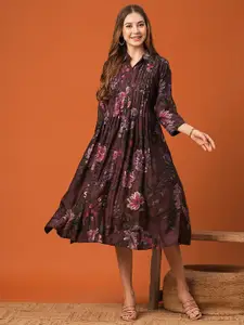 FASHOR Floral Printed Gathered Or Pleated A-Line Midi Dress