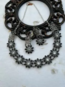 Prettilicious Silver-Plated German Silver Oxidised Necklace and Earrings