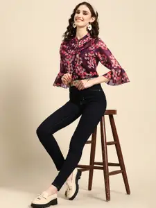 all about you Women Floral Printed Mandarin Collar Top