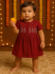 MeeMee Girls Round Neck Puff Sleeves Fit & Flare Dress