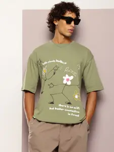 Kook N Keech Men Printed Drop-Shoulder Sleeves Oversized Pure Cotton T-shirt