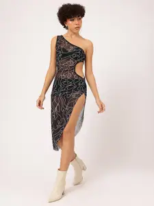 DressBerry Scribbled Cut-Out Vortex Rebel Sheer Bodycon Asymmetric Flair Net Dress