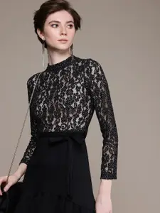 bebe Embellished with Semi Sheer Lace Tie-Up A-Line Party Mini Dress