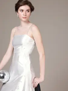 bebe Embellished Floral Printed Smocked Satin A-Line Dress