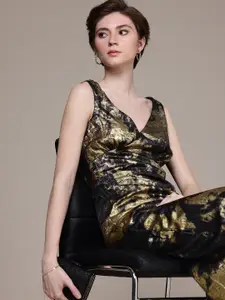 bebe Abstract Printed Gathers Sheath Party Midi Dress