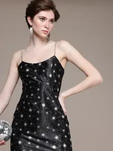 bebe Embellished Printed Satin Sheath Dress