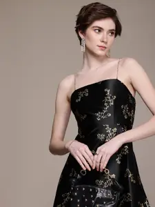 bebe Embellished Floral Smocked Shoulder Straps Satin A-Line Mini Dress