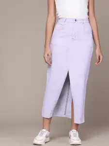 Roadster Pure Cotton Straight Denim Midi Skirt with Front Slit