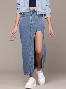 Roadster Pure Cotton Straight Denim Maxi Skirt with Cut-Out Detail