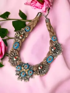 VIVAZS Brass And Jute Oxidised Silver Sky Blue Enemald Stone Studded Crochet Necklace