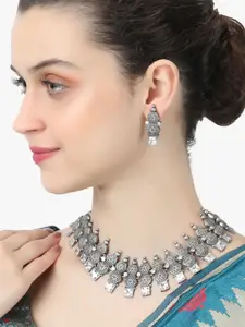 Adwitiya Collection Silver-Plated Stones-Studded Oxidized Necklace and Earrings