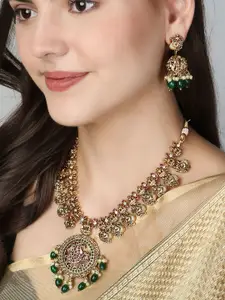 Adwitiya Collection Gold-Plated Stone-Studded Brass Necklace and Earrings