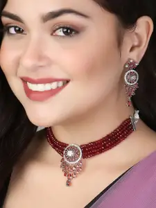 Adwitiya Collection Rhodium-Plated Stones-Studded & Beaded Brass Necklace and Earrings