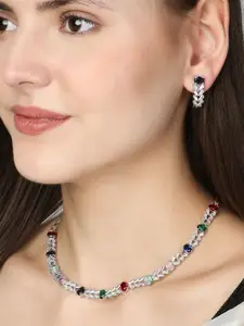 Adwitiya Collection Rhodium-Plated Stones-Studded Necklace and Earrings
