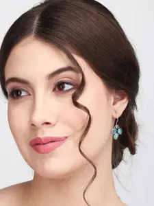 Anvik Silver-Plated Stones Studded Leaf Shaped Drop Earrings