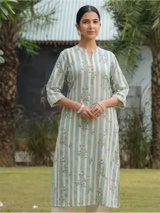 Aramya Striped Mandarin Collar Thread Work Linen Cotton Kurta