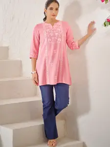 Anouk Pink Embroidered V-Neck A-Line Kurta