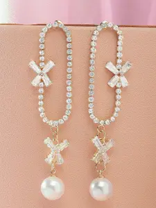 Bohey by KARATCART Gold Plated Contemporary Pearl & Cubic Zirconia Studded Drop Earrings