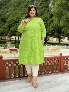 KALINI Plus Size Leheriya Printed Mandarin Collar Cotton Straight Kurta