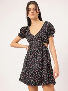DressBerry Micro Printed Smocked Cut-Out Mini Dress