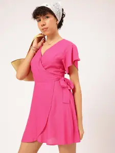 DressBerry Flutter Sleeves Wrap Tie-Up Mini Dress